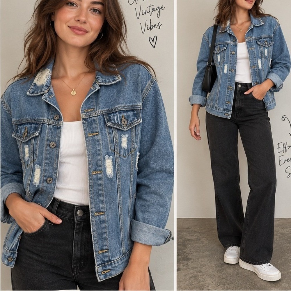Judy Bridal Vintage Distressed Denim Jacket Medium Wash Blue Y2K Large